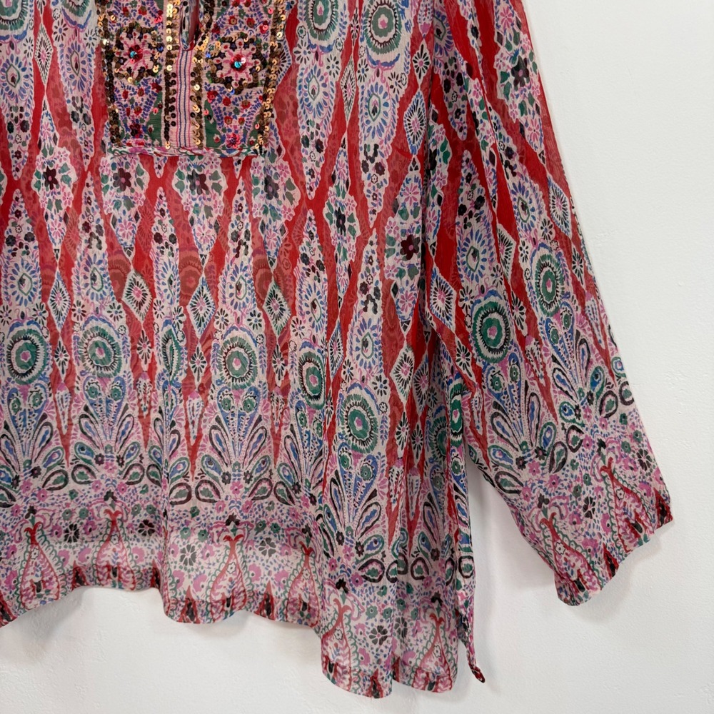 NY Collection 100% Silk Sequin Tunic Blouse Sheer Resort Top Boho Paisley Small - Picture 4 of 11